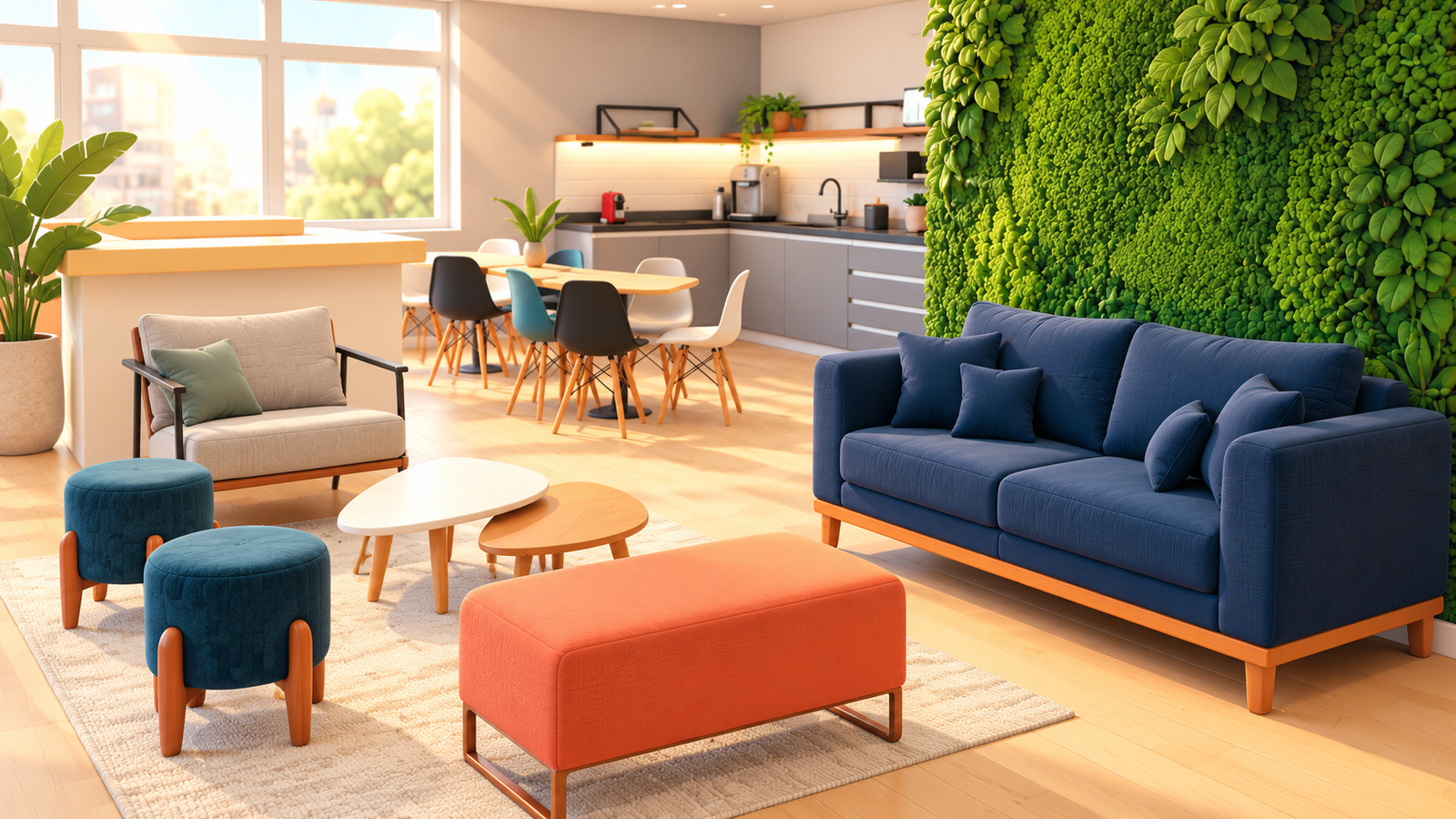 Ilustração 3D do escritório da Versa Studios, com lounge, sofá azul, bancos arredondados, cozinha e jardim vertical.